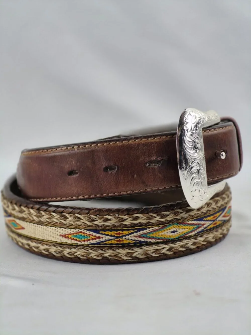 Tony Lama Aged Bark Leather Badlands Belt Horse Hair Nylon Inlay Western 38